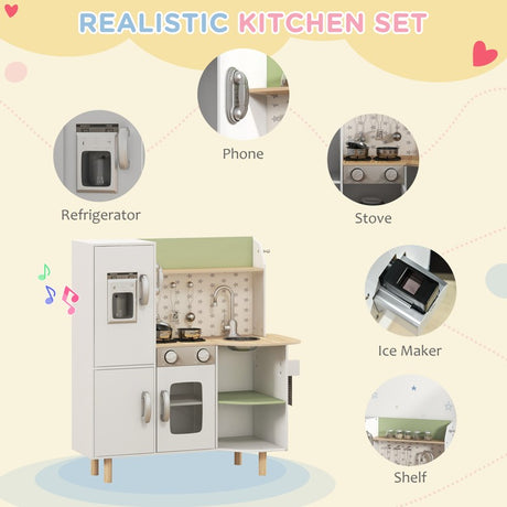 AIYAPLAY Toy Kitchen, Kids Play Kitchen, Role Playing Game with Phone, Ice Maker, Stove, Utensils, for 3-6 Years, White