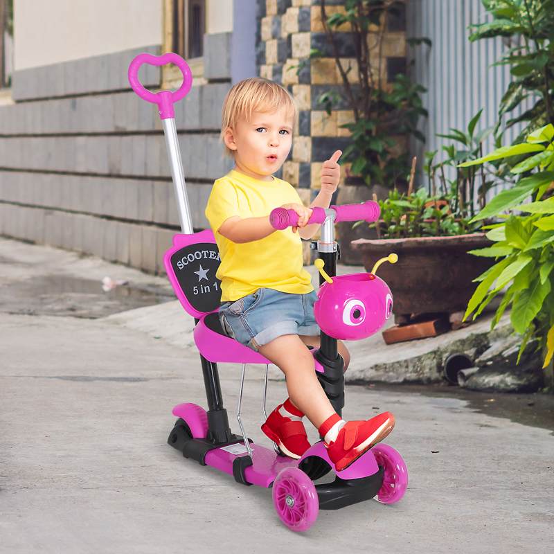 HOMCOM 5 in1 Kids  Scooter 3 Wheel Toddler scooter Kick Scooter with Adjustable Handlebar, Removable Seat & Back Rest for 18 Month+, Pink