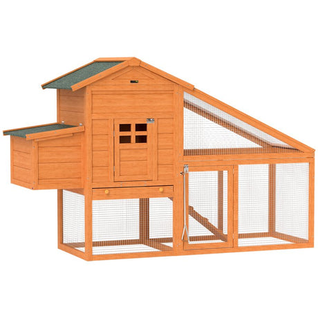 PawHut Wooden Chicken Coop with Run, Nesting Box, Slide-out Tray, Ramp, Perches, Asphalt Roof, 179 x 67 x 115cm