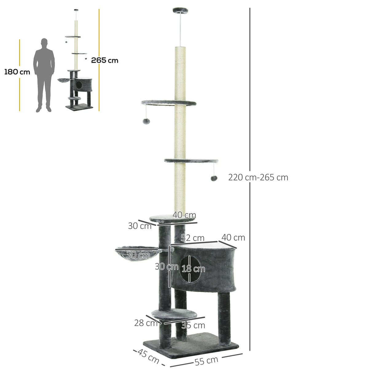 PawHut Floor to Ceiling Cat Tree for Indoor Cats Play Tower Climbing Activity Center Scratching Post Platforms Condo Adjustable Height 220-265cm Dark Grey