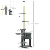 PawHut Floor to Ceiling Cat Tree for Indoor Cats Play Tower Climbing Activity Center Scratching Post Platforms Condo Adjustable Height 220-265cm Dark Grey