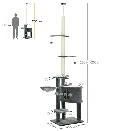 PawHut Floor to Ceiling Cat Tree for Indoor Cats Play Tower Climbing Activity Center Scratching Post Platforms Condo Adjustable Height 220-265cm Dark Grey