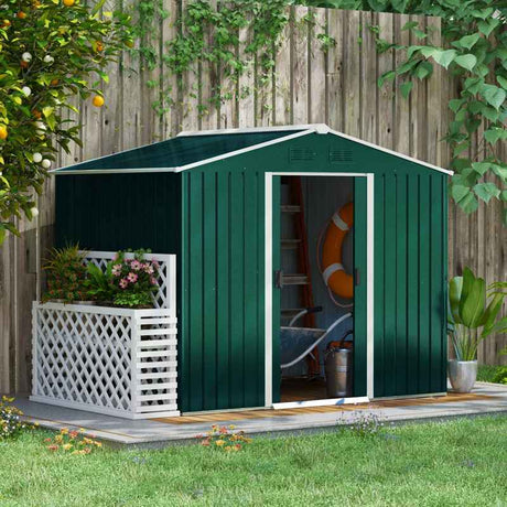 Outsunny 7.7 x 5.7ft Metal Garden Shed with Ventilation Slots and Sliding Doors, Galvanised Outdoor Tool Storage House, Green