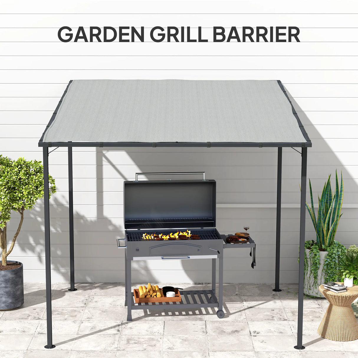 Outsunny 2.4 x 2.4 m Wall Mounted Pergola Gazebo with PA Coating Fabric, Metal Frame, UPF30+, Lean to Garden Gazebo, Light Grey