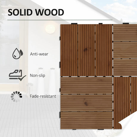 Outsunny 27 Pcs Wooden Interlocking Decking Tiles, 30 x 30 cm Anti-slip Outdoor Flooring Tiles, 0.81 per Pack, All Weather Use for Patio, Balcony, Terrace, Hot Tub, Brown