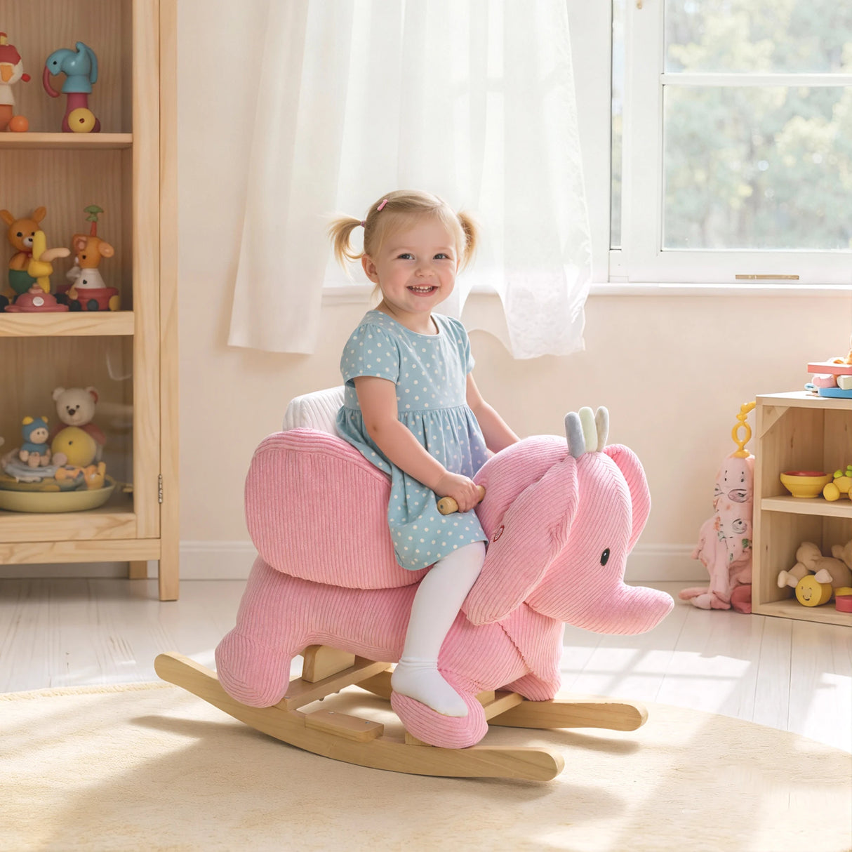 AIYAPLAY Kids Rocking Horse, Baby Ride on Elephant Rocker with Safety Belt and Sound for Toddlers 18 to 36 Months, Pink