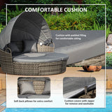 Outsunny Outdoor PE Rattan Garden Furniture with Cushioned, Patio Wicker Conversation Furniture Set, Round Daybed with Retractable Canopy, Coffee Table and Three Pillows, Dark Grey/Grey