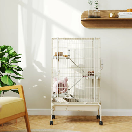 PawHut 4-Level Rolling Small Animal Cage, Rabbit Cage with 3 Ramps, Water Bottle, Food Dish, 15cm Deep Tray, Beige