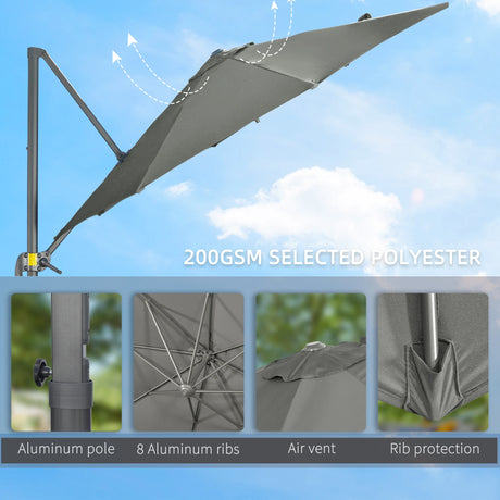 Outsunny 3 x 3(m) Cantilever Parasol with Cross Base, Garden Umbrella with 360 Rotation, Crank Handle and Tilt for Outdoor, Patio, Grey