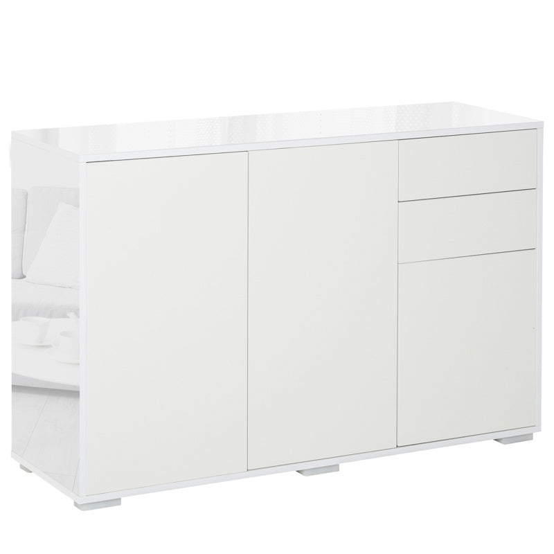 HOMCOM High Gloss Side Cabinet, Push-Open Design with 2 Drawers and 2 Cabinets for Living Room, 74H x 117W x 36Dcm, White