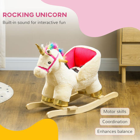 AIYAPLAY Kids Rocking Horse with Realistic Sounds, Safety Belt, Wooden Base, for Ages 18-36 Months, Cream White