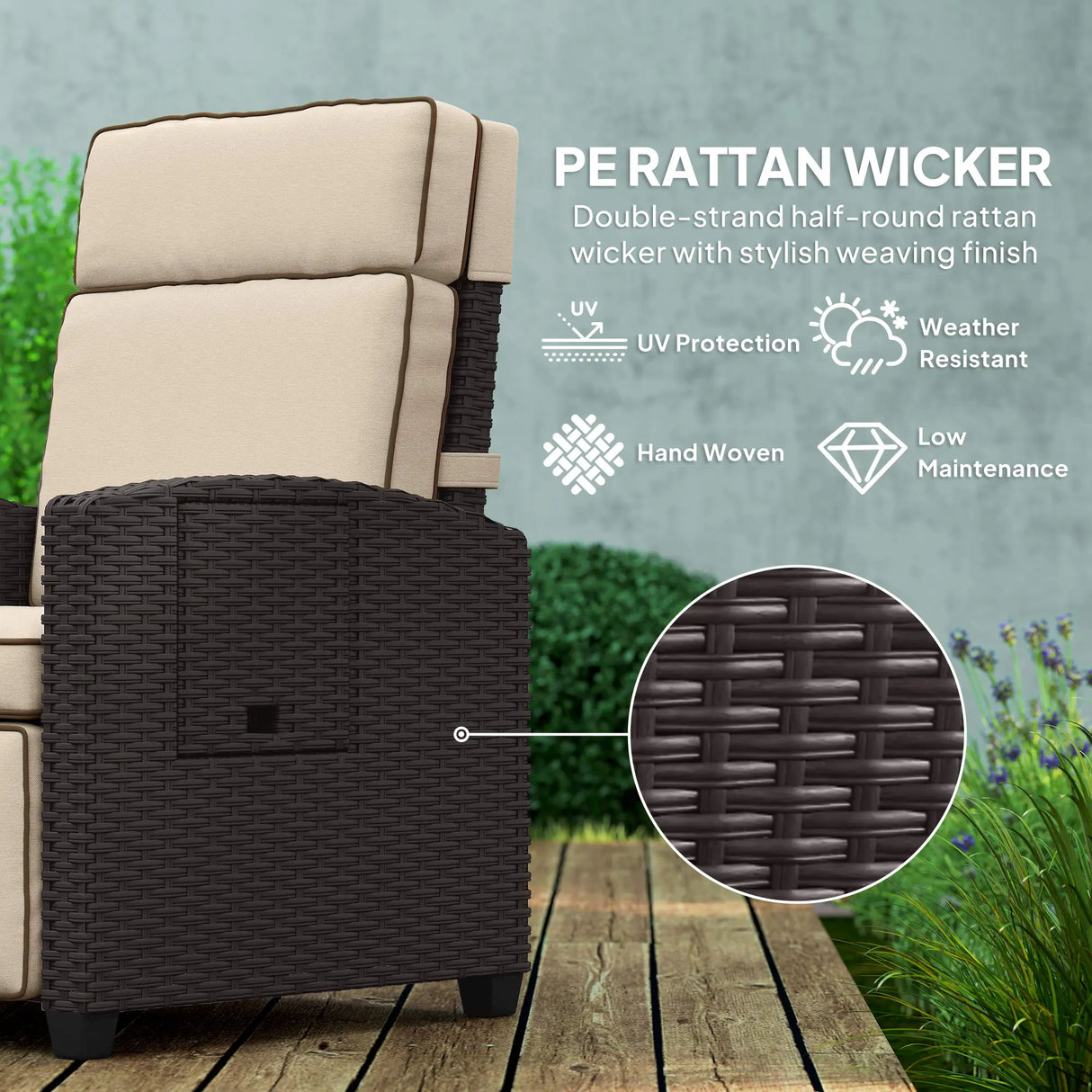 Outsunny 145 Reclining Rattan Armchair, with Footrest - Brown/Khaki