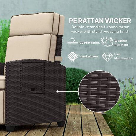 Outsunny 145 Reclining Rattan Armchair, with Footrest - Brown/Khaki