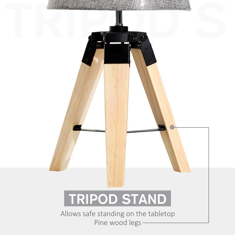 HOMCOM Wooden Tripod Table Lamp for Side, Desk or End Table with E27 Bulb Base14Grey Shade14