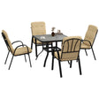 Outsunny 5 Pieces Outdoor Square Garden Dining Set w/ Tempered Glass Dining Table 4 Cushioned Armchairs, Umbrella Hole, Beige