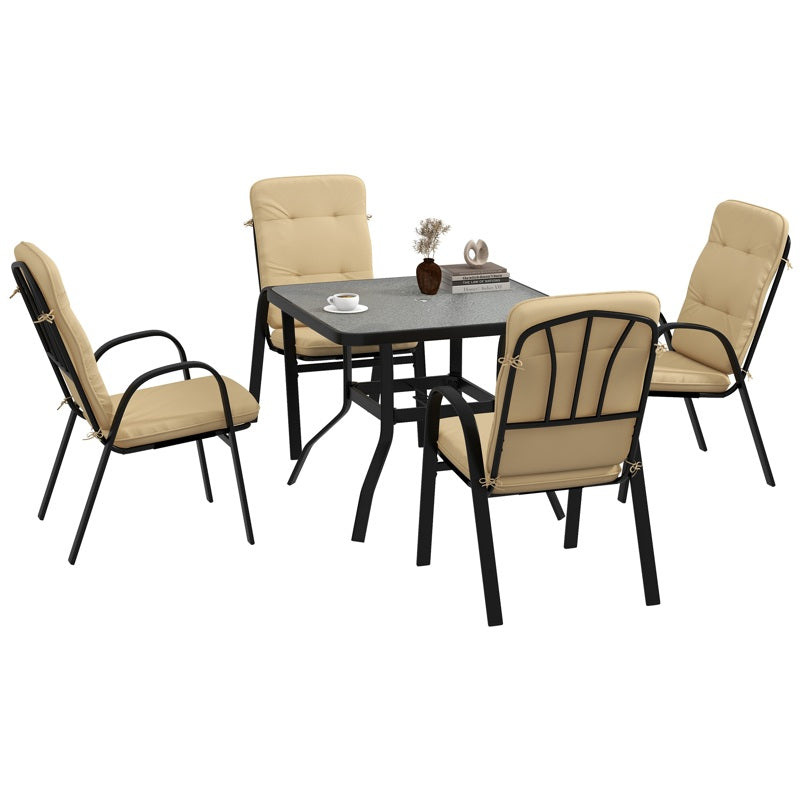 Outsunny 5 Pieces Outdoor Square Garden Dining Set w/ Tempered Glass Dining Table 4 Cushioned Armchairs, Umbrella Hole, Beige