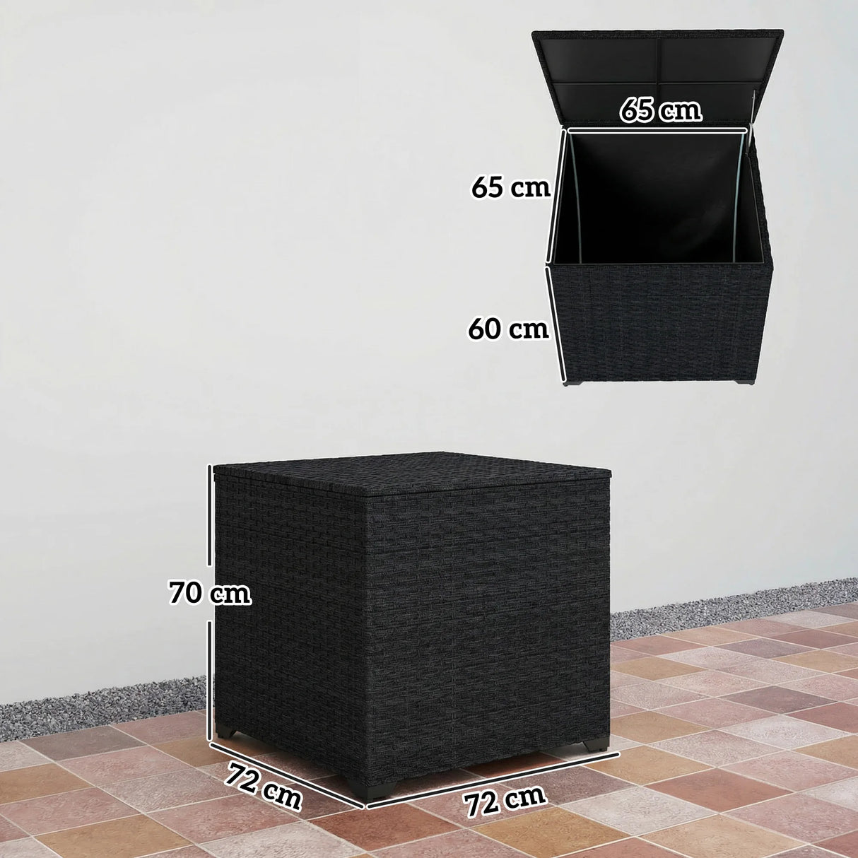 Outsunny 253L Garden Storage Box, Rattan Deck Box with Zipped Liner, Safe Pneumatic Rod, Patio Storage Container, Black
