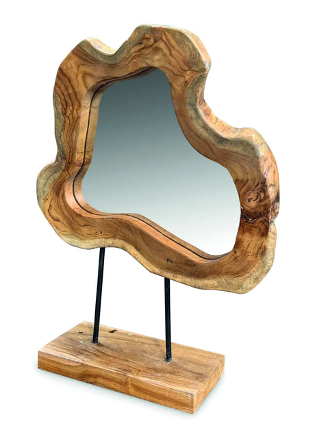 TEAK TREE SLICE MIRROR ON STAND SMALL