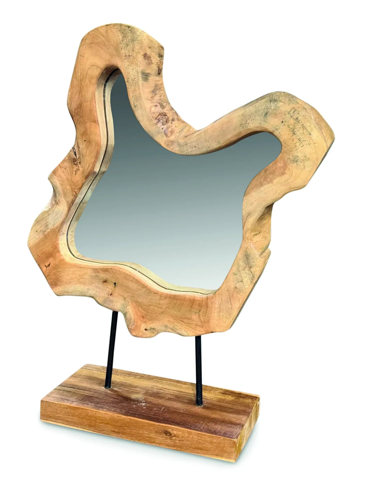 TEAK TREE SLICE MIRROR ON STAND SMALL