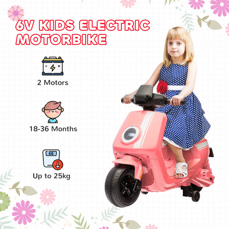 AIYAPLAY 6V Ride on Motorbike, Kids Electric Motorbike w/ Headlights, Music, Training Wheels, for Ages 18-36 Months, Pink