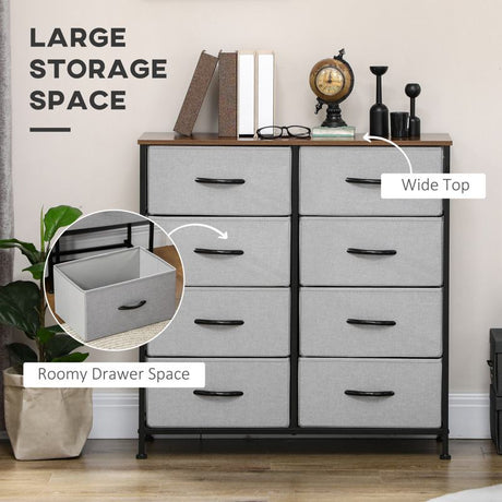 HOMCOM Fabric Chest of Drawers, Storage Drawers, Industrial Bedroom Dresser with 8 Fabric Drawers, Steel Frame and Wooden Top for Nursery, Living Room, Hallway, Grey