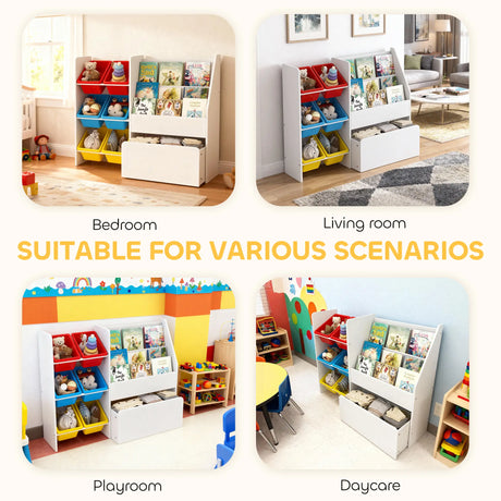 AIYAPLAY Toy Storage Unit, 3-Tier Toy Organiser Shelf with 6 Removable Storage Bins for Bedroom, Nursery, Multicoloured