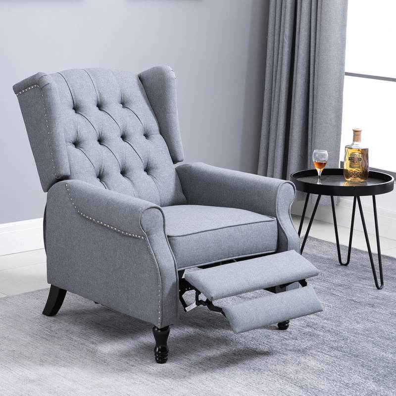 HOMCOM Recliner Armchair, Vintage Reclining Chair with Nail Head Trim, Wingback Chair with Button Tufted Back and Footrest, for Living Room, Light Grey