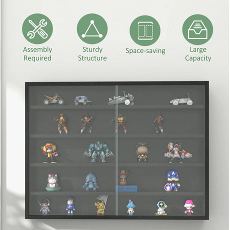 HOMCOM 5-Tier Wall Display Shelf Unit Cabinet w/ 4 Adjustable Shelves Glass Doors Home Office Ornaments 60x80cm Black