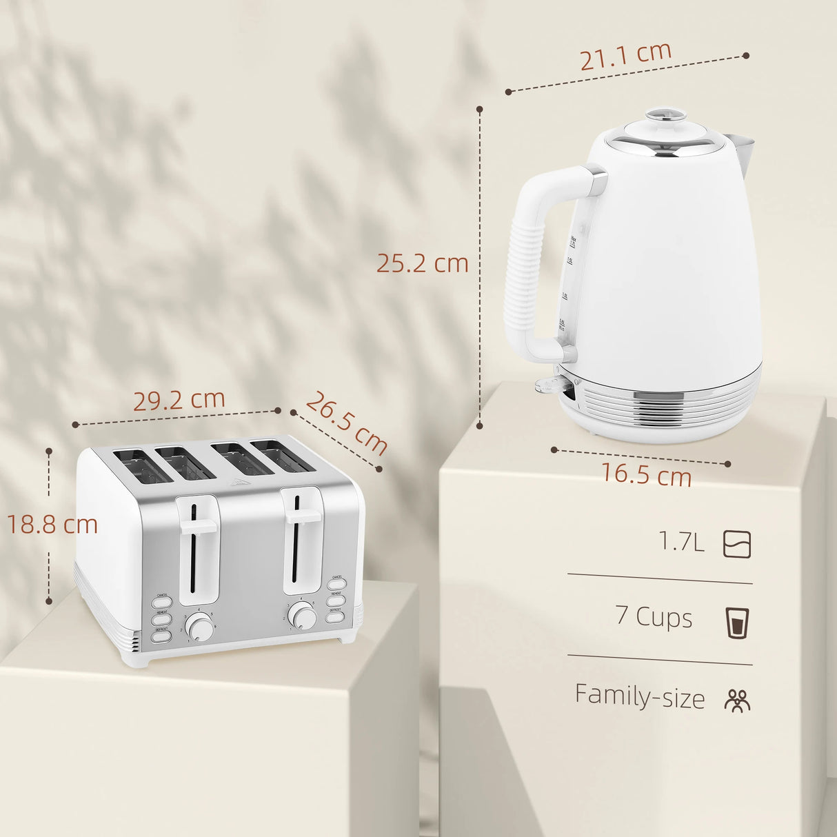 HOMCOM Stainless Steel Kettle and Toaster Set, 1.7L 3000W Rapid Boil Jug Kettle with UK Strix Thermostat, Limescale Filter, 4 Slice Toaster with 7 Browning Controls, Crumb Tray, White and Silver Tone