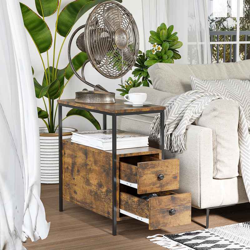 HOMCOM Side Table, Narrow Bedside Table with 2 Drawers and Storage Shelf, Industrial End Table with Metal Frame for Small Spaces, Rustic Brown