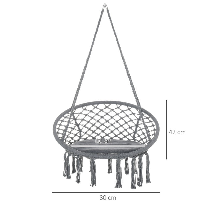 Outsunny Outdoor Cotton-Polyester Blend Macrame Hanging Rope Chair with Cushion, Portable Garden Chair with Fringe Tassels for Patio, Deck, Tree, Grey