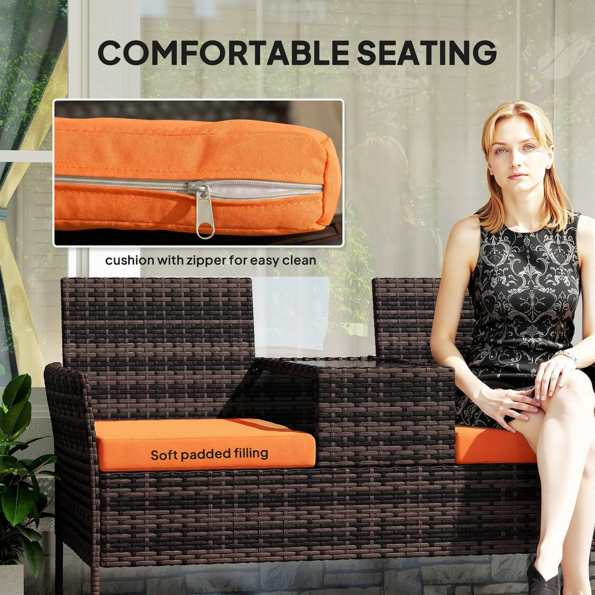 Outsunny Two-Seat Rattan Chair, with Middle Table - Orange