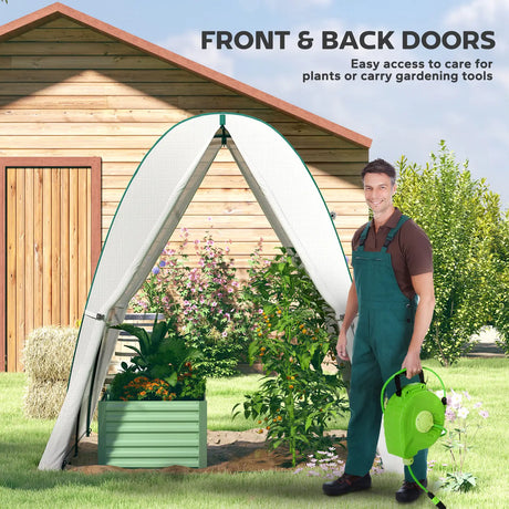 Outsunny Hoop House Greenhouse with Sandbags, Walk-In Tunnel Green House with 2 Doors and Screen Windows, 1.8 x 1.8 x 2m, White
