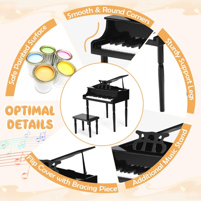 30-Key Classic Baby Grand Piano with Bench &amp; Music Rack-Black