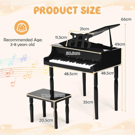 30-Key Classic Baby Grand Piano with Bench &amp; Music Rack-Black