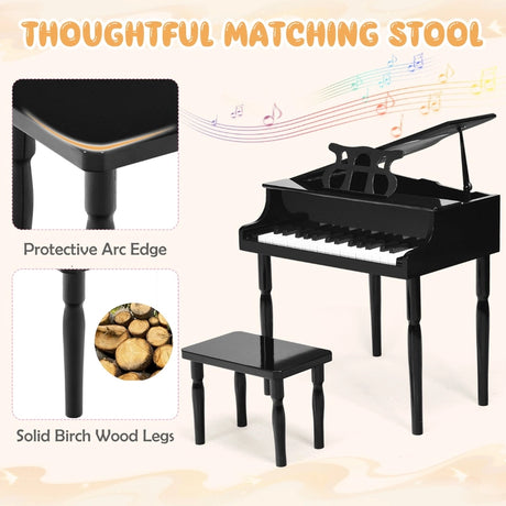 30-Key Classic Baby Grand Piano with Bench &amp; Music Rack-Black