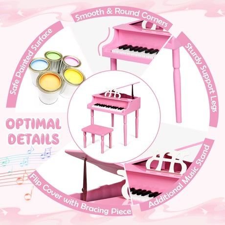 30-Key Classic Baby Grand Piano with Bench &amp; Music Rack-Pink