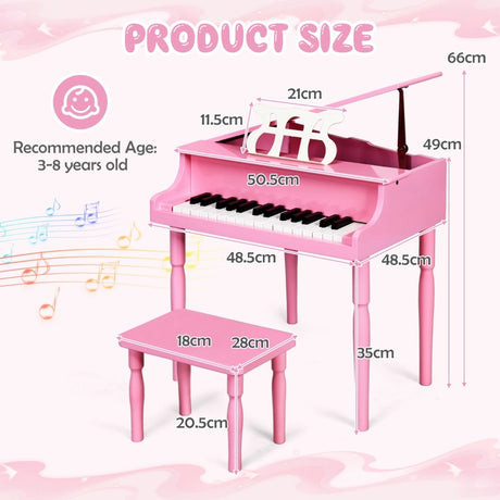 30-Key Classic Baby Grand Piano with Bench &amp; Music Rack-Pink
