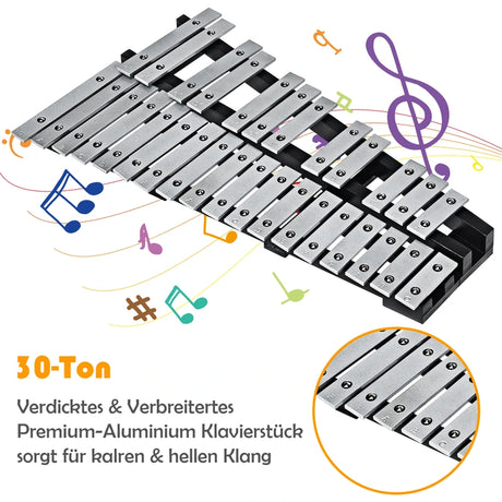 30 Note Glockenspiel Xylophone with Wood Base and Metal Keys for Kids