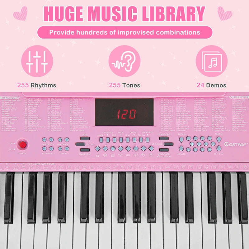 61-Key Electronic Keyboard with Microphone-Pink