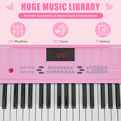 61-Key Electronic Keyboard with Microphone-Pink