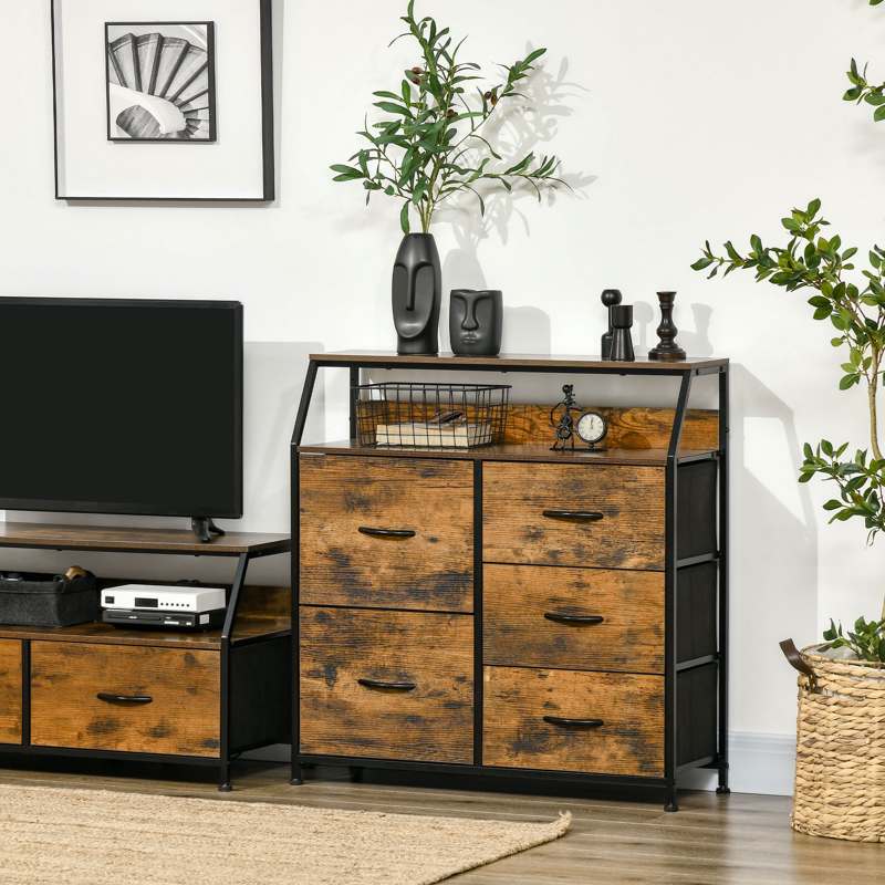 HOMCOM Bedroom Chest of Drawers, Industrial 5 Fabric Drawer Dresser with Open Shelf for Living Room, Rustic Brown