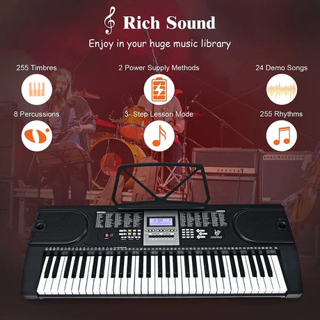 61-Key Electric Keyboard Piano with Foldable Bench and Microphone Headphone