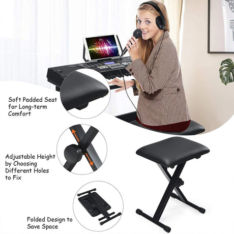 61-Key Electric Keyboard Piano with Foldable Bench and Microphone Headphone