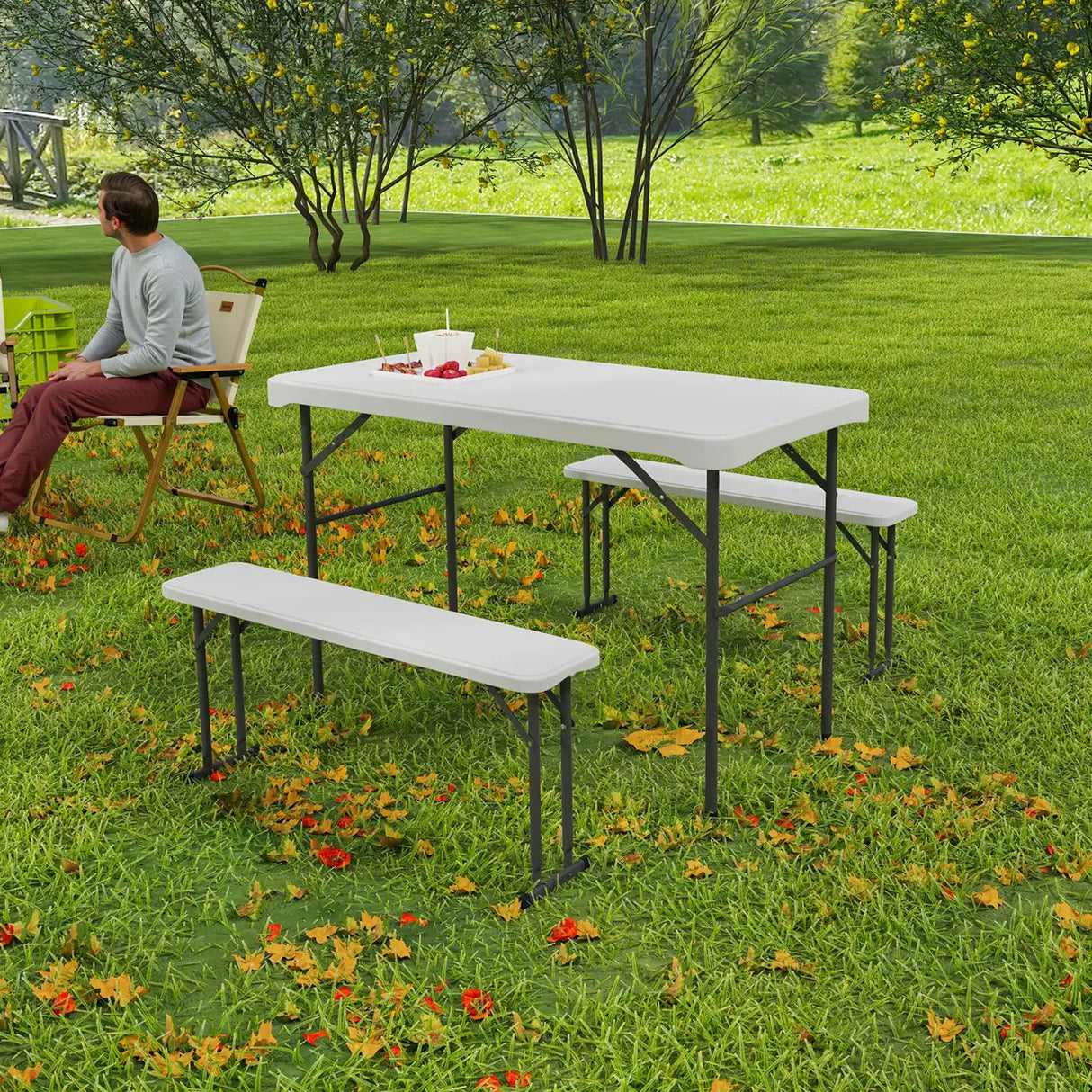 Outsunny Three-Piece Folding Picnic Table and Bench Set - White