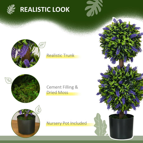 HOMCOM Set of 2 Artificial Plants, Lavender Flowers Ball Trees with Pot, for Home Indoor Outdoor Decor, 70cm