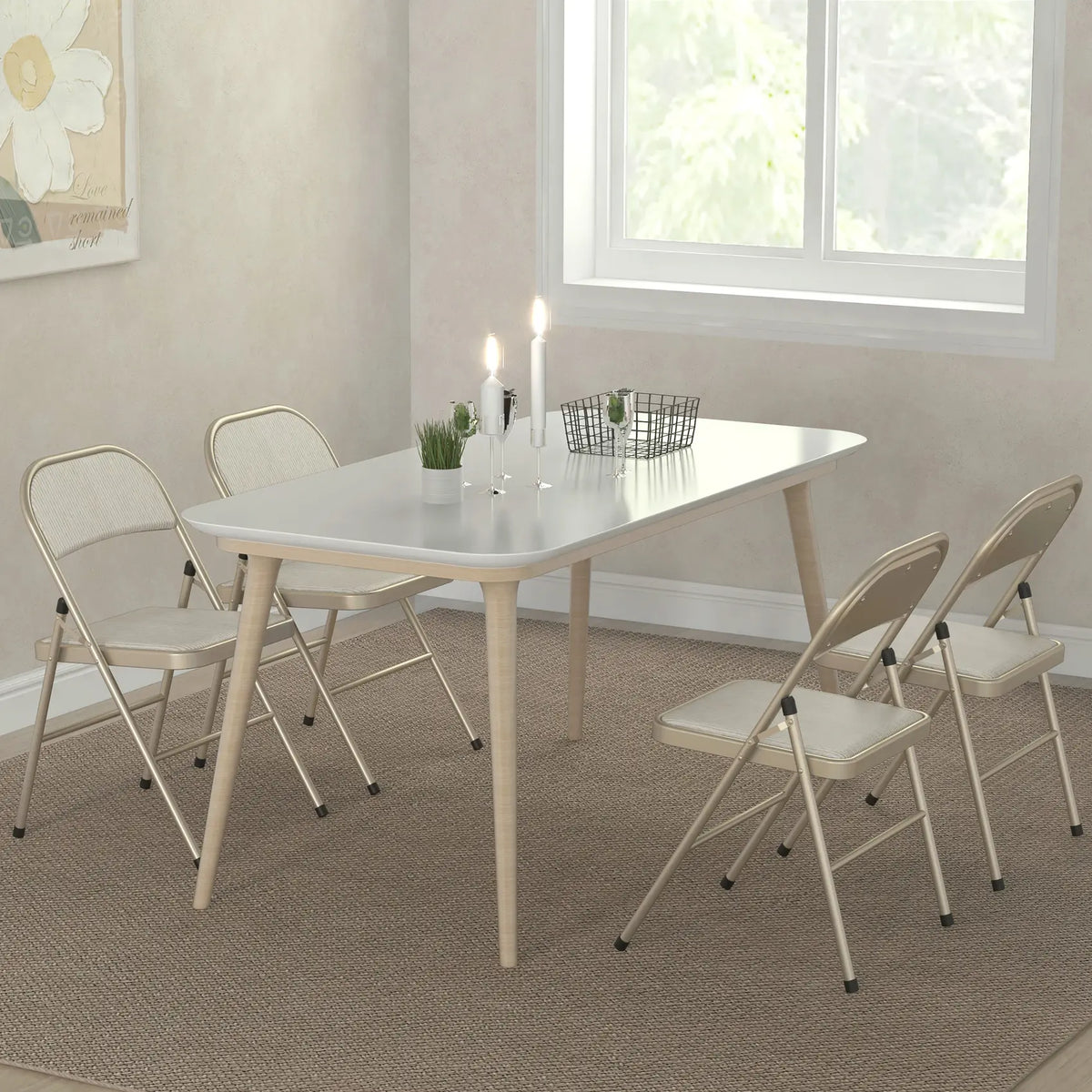 HOMCOM Linen-Look Set of Four Cushioned Folding Chairs - Beige