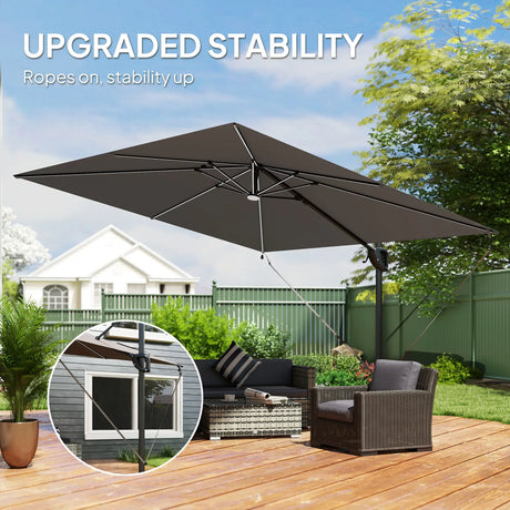 Outsunny 3 x 3 m Garden Cantilever Parasol w/ Light, Cover, UPF50+ Patio Umbrella w/ Wind Protection, 360 Rotation, Dark Grey