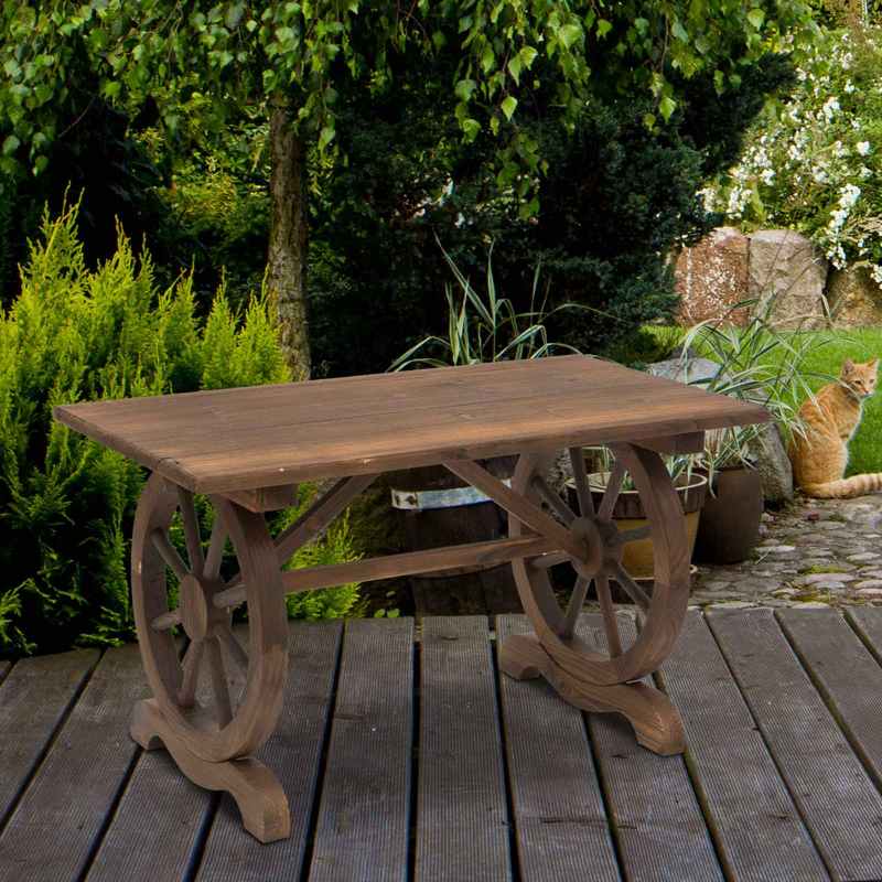 Outsunny Wooden Garden Dining Table, Wagon Wheel Outdoor Coffee Table with 3 cm Wood Top for Patio, Balcony, Terrace, 110 x 60 x 65 cm, Carbonised Finish