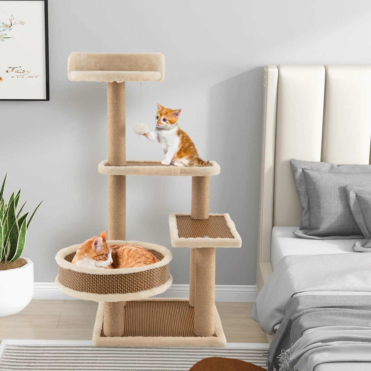 Cat Tower for Indoor Cats with Rattan Mat and Hanging Ball Toy